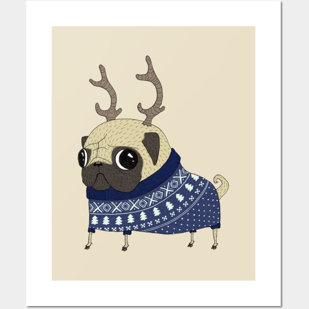 Reindeer Pug Wall Art by agrapedesign